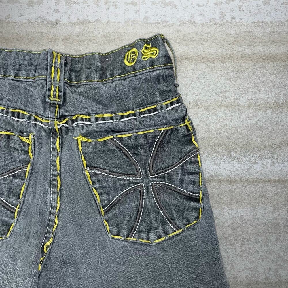 Vintage Y2K Skater Jean Shorts 24x11 Grey Wash Yellow Old Skool Denim Rap Style - Picture 3 of 5